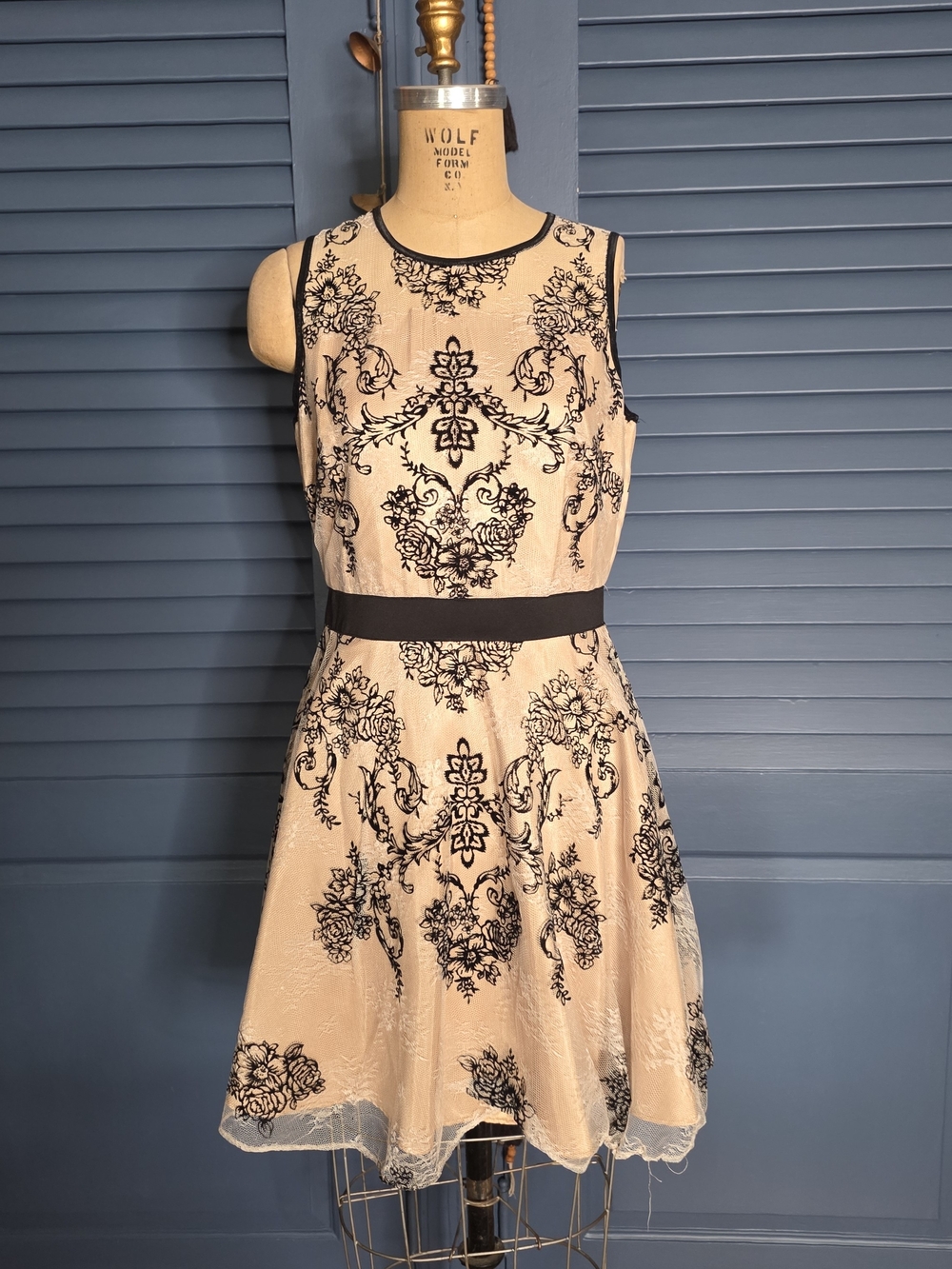 Shabby Apple Beige Dress with Black Lace Overlay